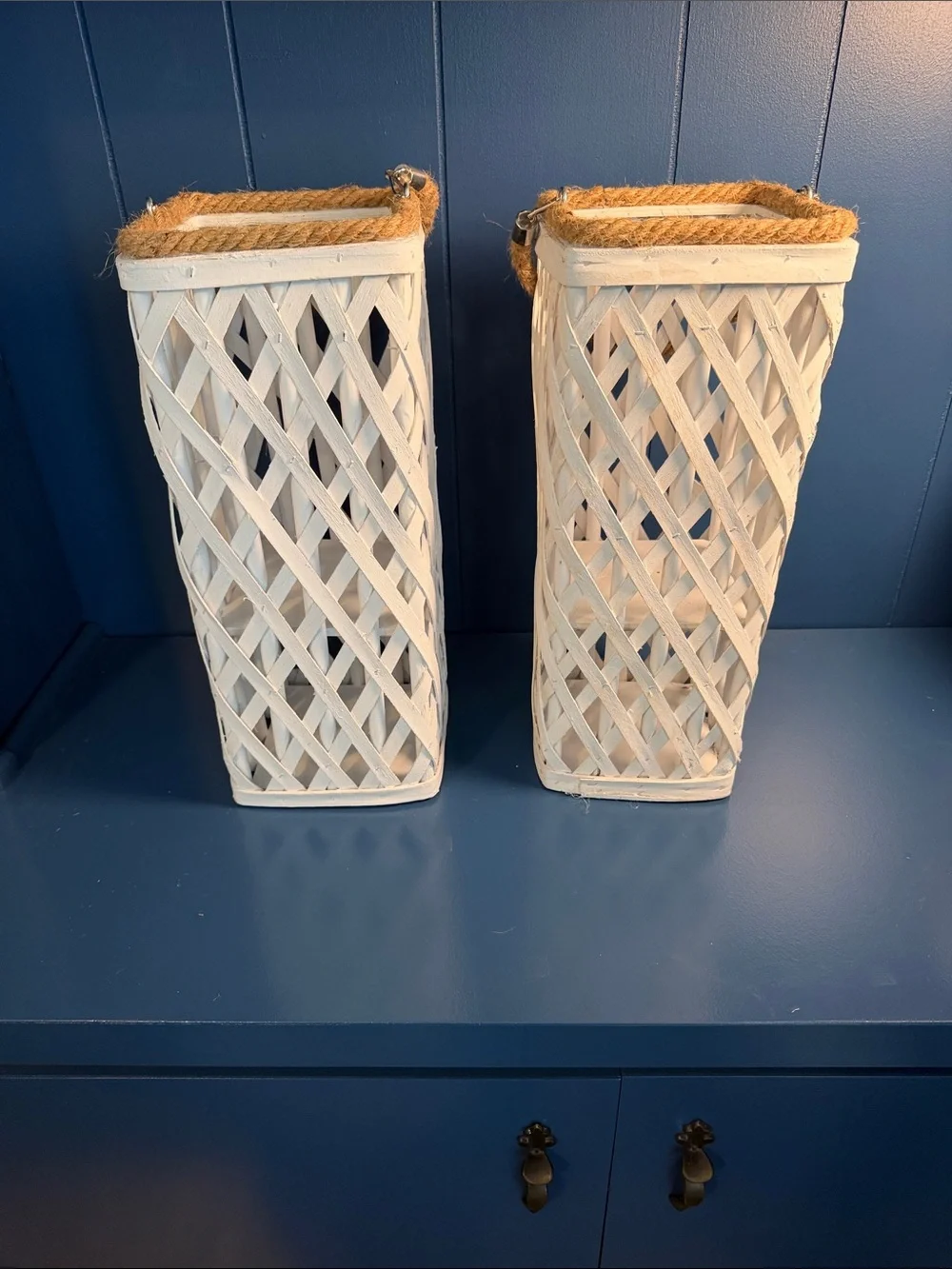 White Woven Lantern Pair with Rope Handles -